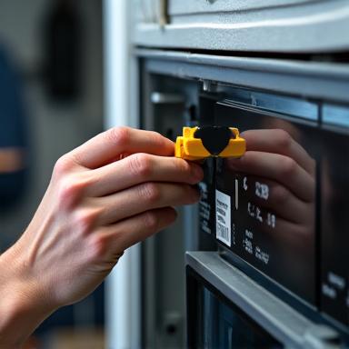 Isang technician na nag-iinspeksyon ng appliance gamit ang isang tool.