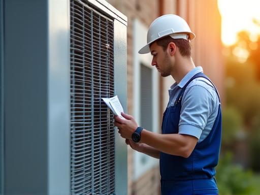 Isang technician na may checklist na sinusuri ang isang aircon.