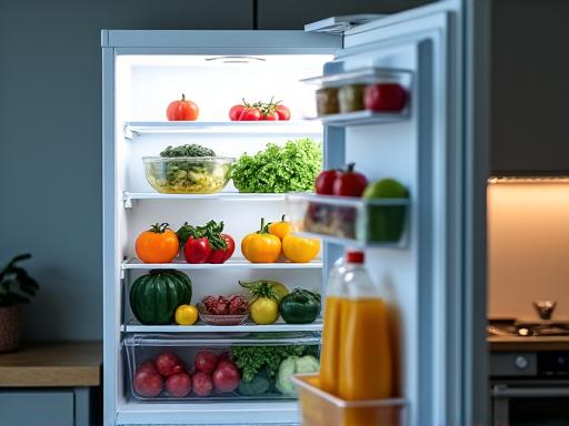 Isang bukas na refrigerator na may sariwang pagkain.