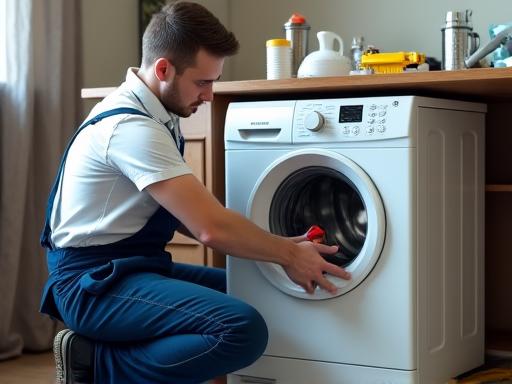 Isang technician na nag-aayos ng washing machine.